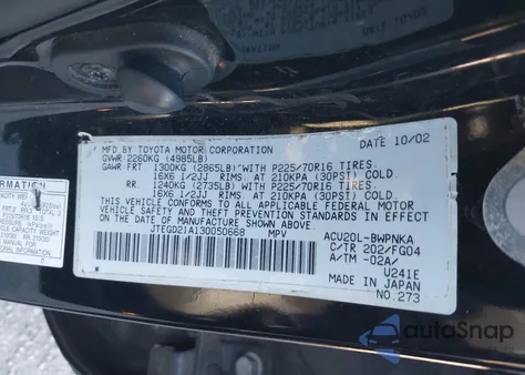 2003 Toyota Highlander из США, поврежденный, VIN JTEGD21A130050668